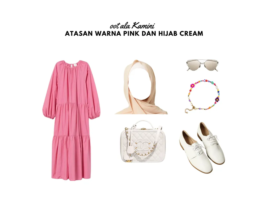 Atasan Warna Pink dan Hijab Cream_