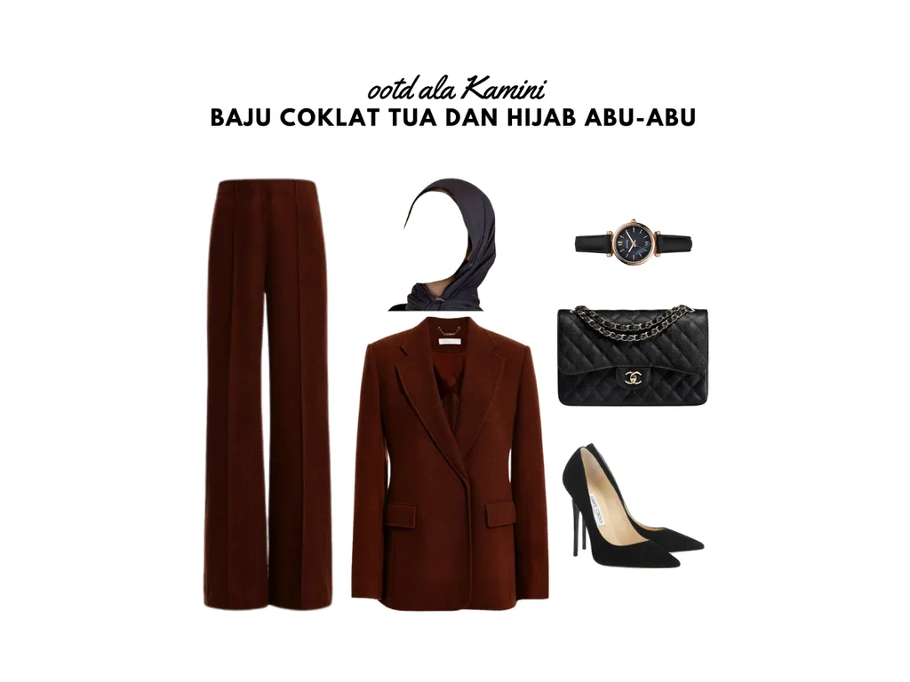 Baju Cokelat Tua dan Hijab Abu-Abu_