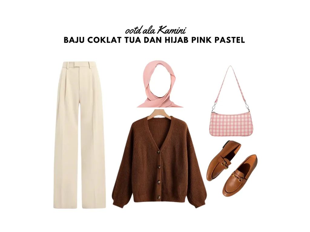 Baju Cokelat Tua dan Hijab Pink Pastel_