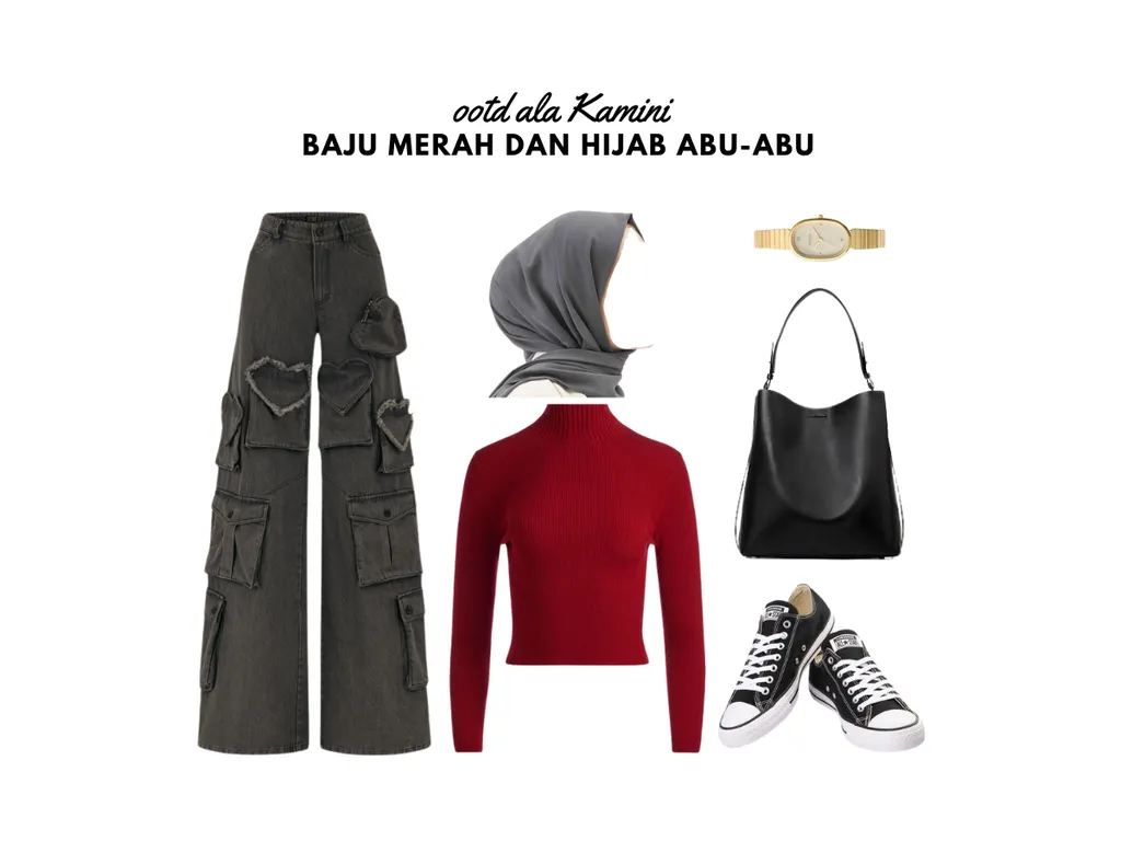 Baju Merah dan Hijab Abu-Abu_