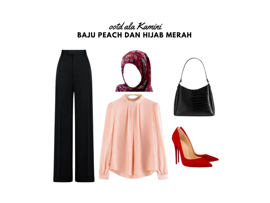 Baju Peach dan Hijab Merah_