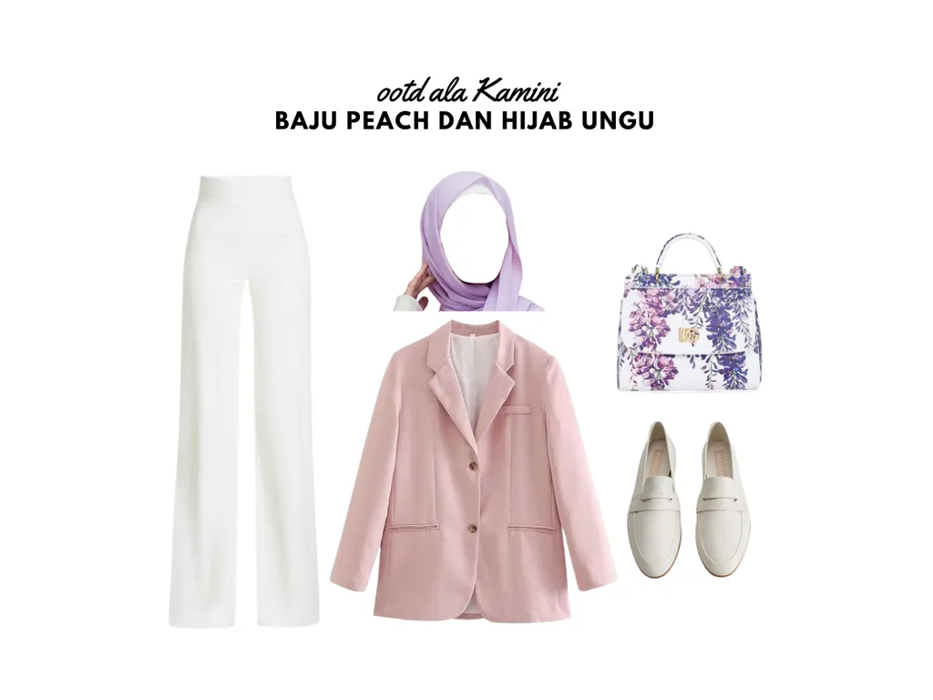 Baju Peach dan Hijab Ungu_