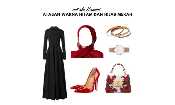 Atasan Warna Hitam dan Hijab Merah_