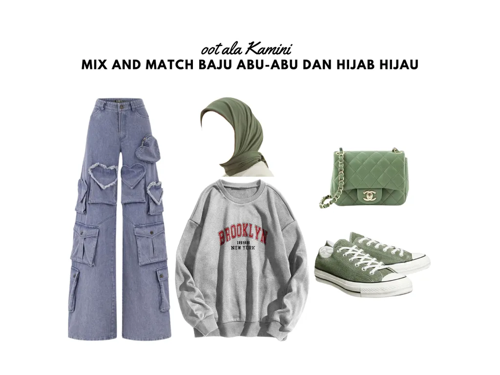 Mix and Match Baju Abu-Abu dan Hijab Hijau_