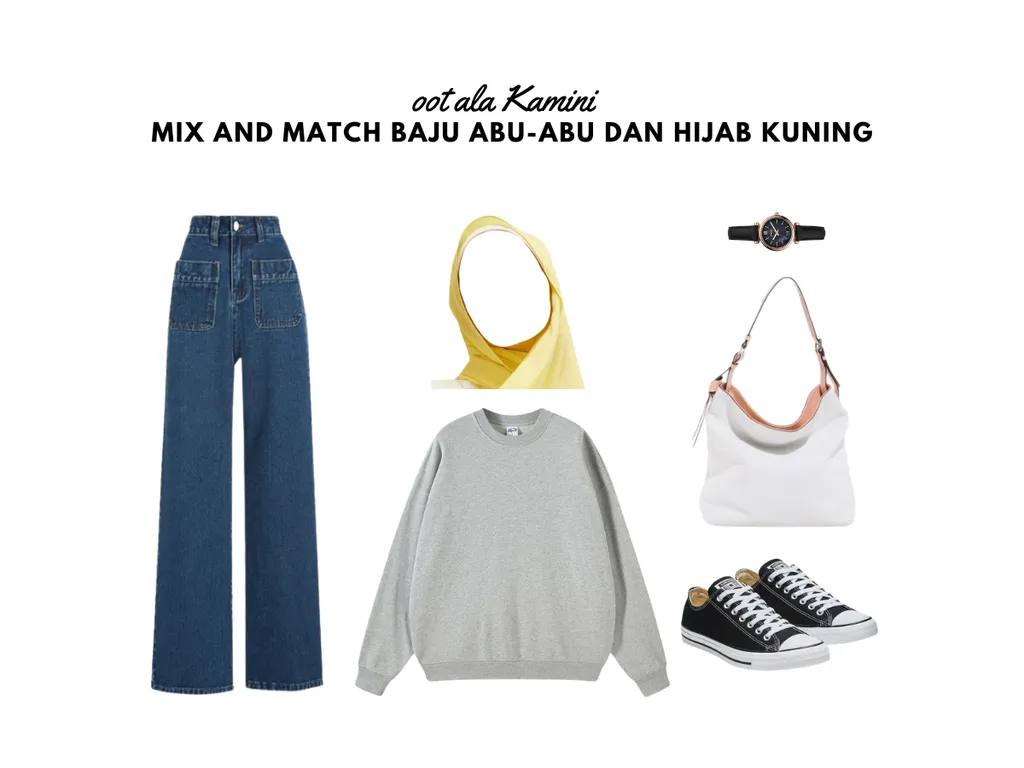 Mix and Match Baju Abu-Abu dan Hijab Kuning_