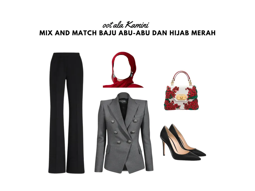 Mix and Match Baju Abu-Abu dan Hijab Merah_