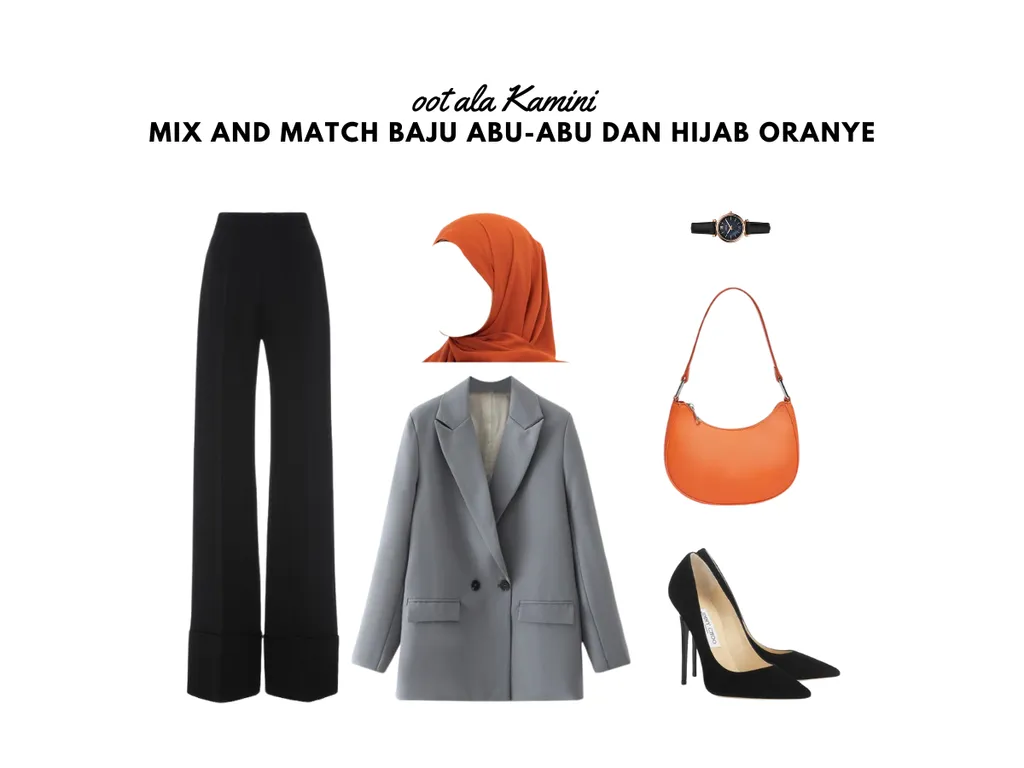 Mix and Match Baju Abu-Abu dan Hijab Oranye_