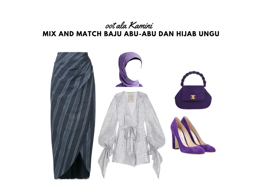 Mix and Match Baju Abu-Abu dan Hijab Ungu_