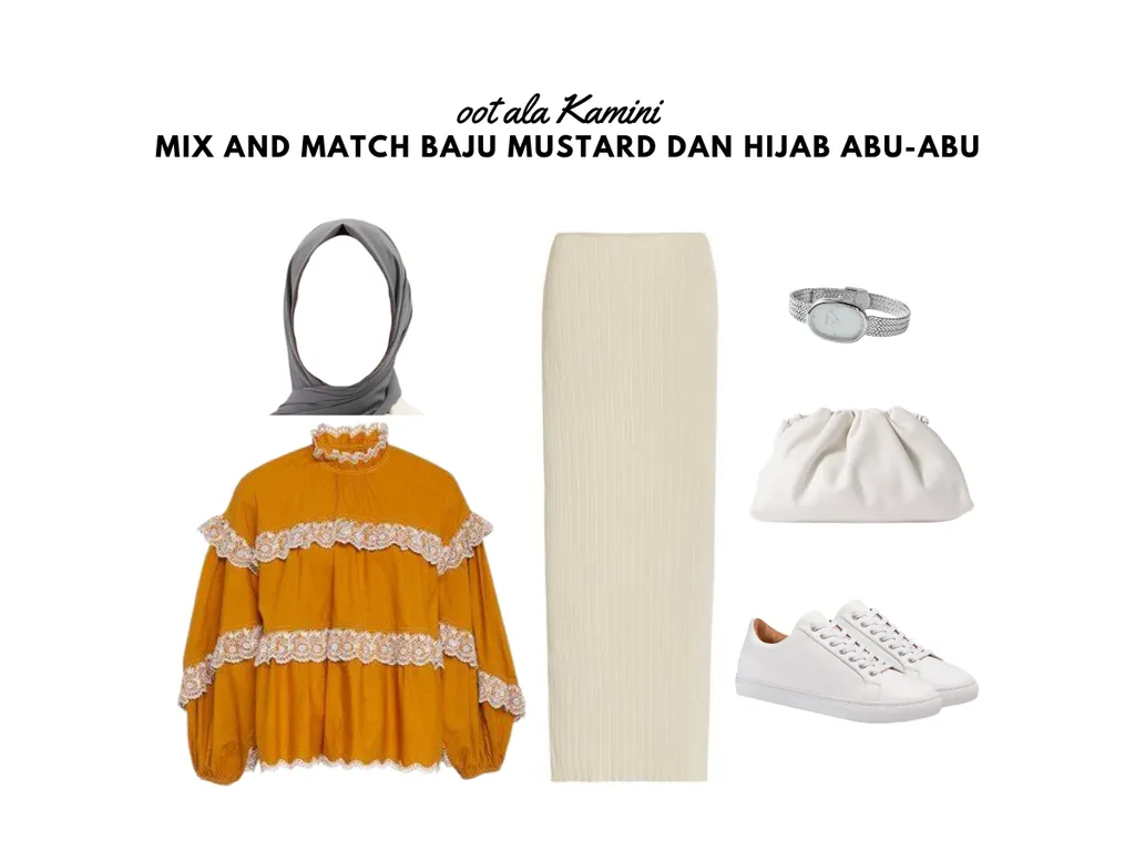Mix and Match Baju Mustard dan Hijab Abu-Abu_
