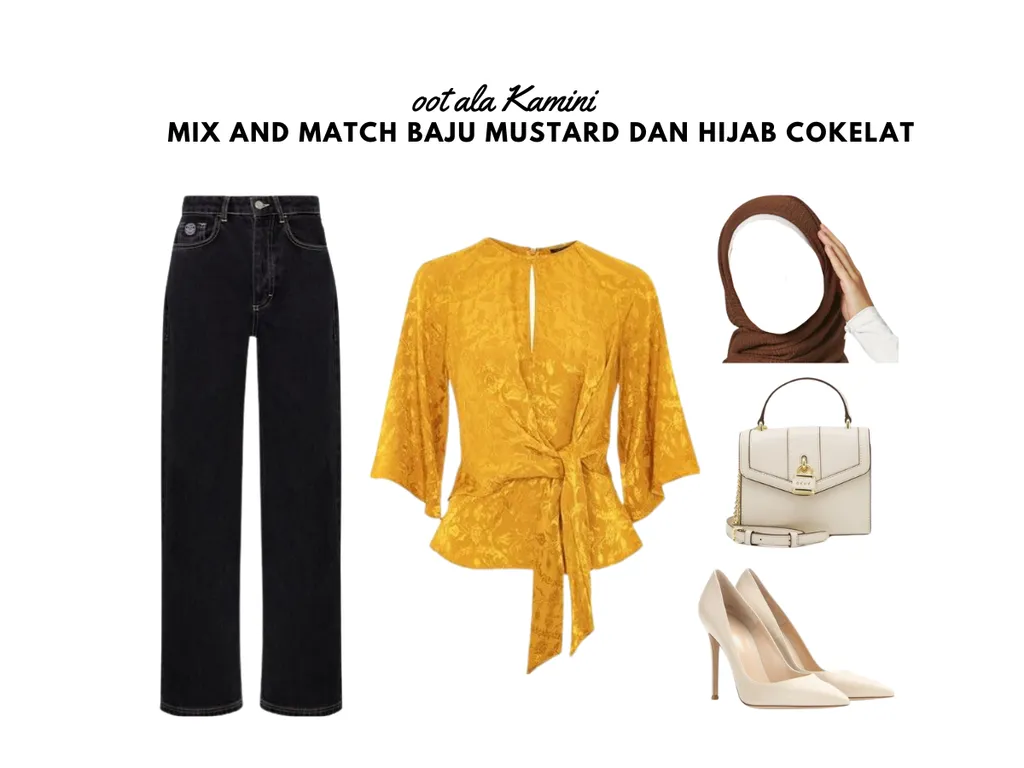 Mix and Match Baju Mustard dan Hijab Cokelat_