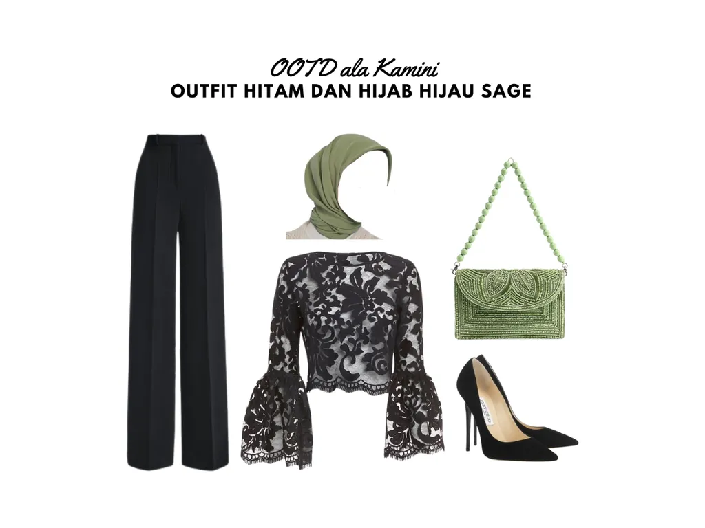 Outfit Hitam dan Hijab Hijau Sage_
