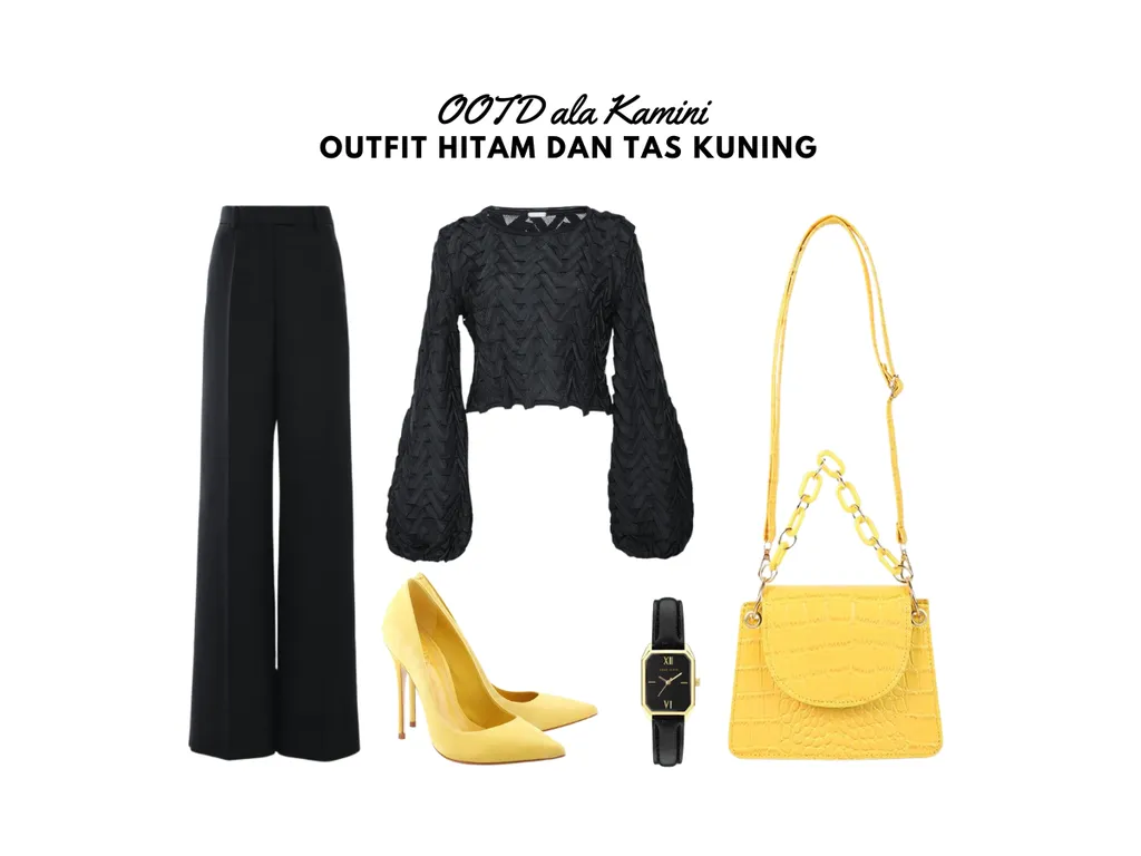 Outfit Hitam dan Tas Kuning_