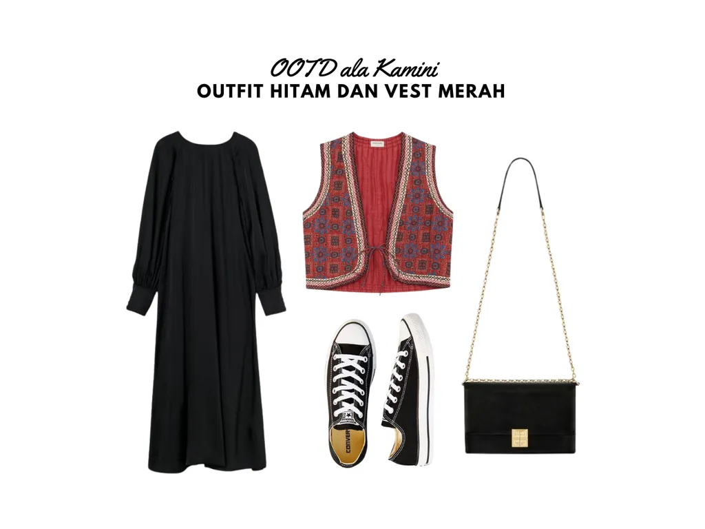 Outfit Hitam dan Vest Merah_