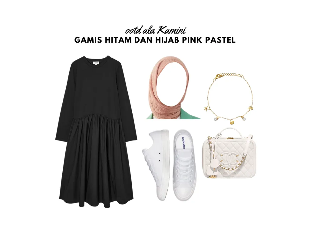 Gamis Hitam dan Hijab Pink Pastel_