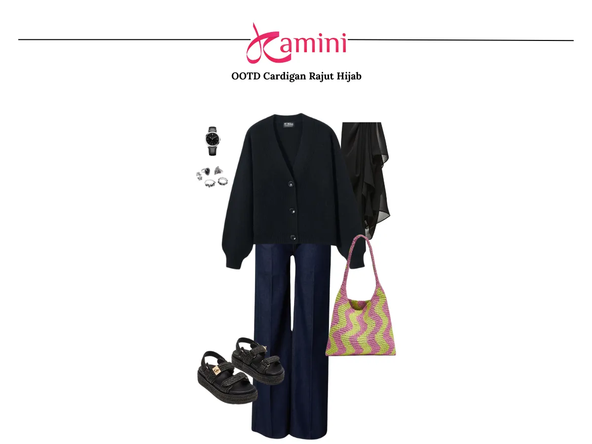 Cardigan Raut dan Celana Jeans Straigh-Cut_