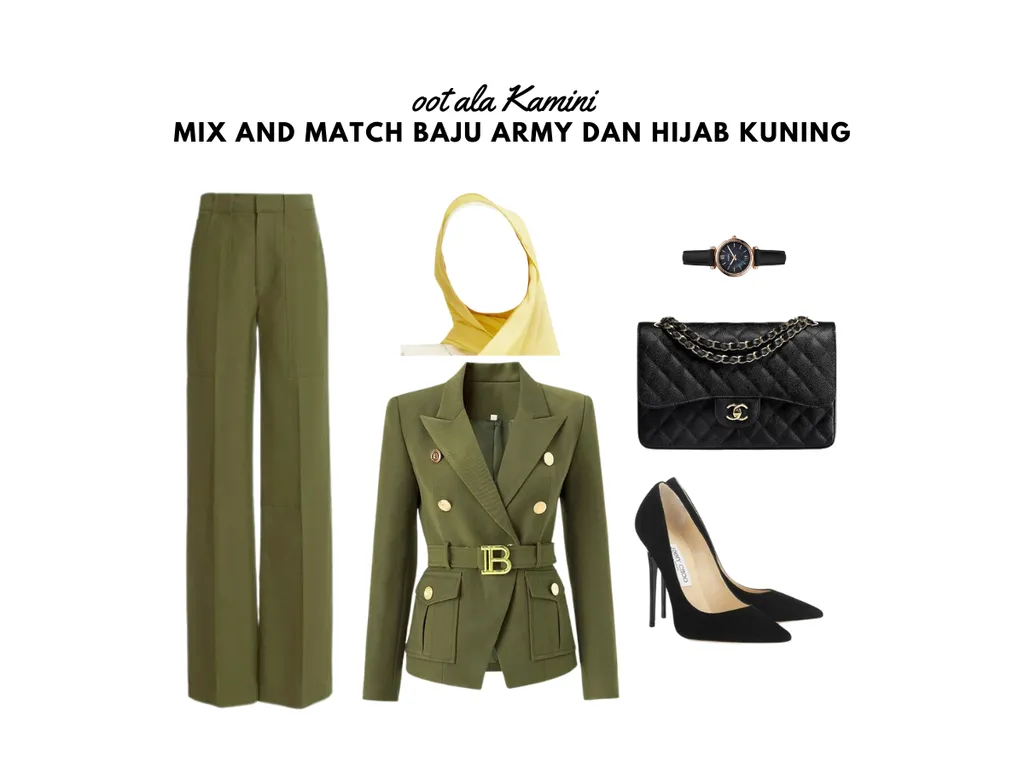 Mix and Match Baju Army dan Hijab Kuning_
