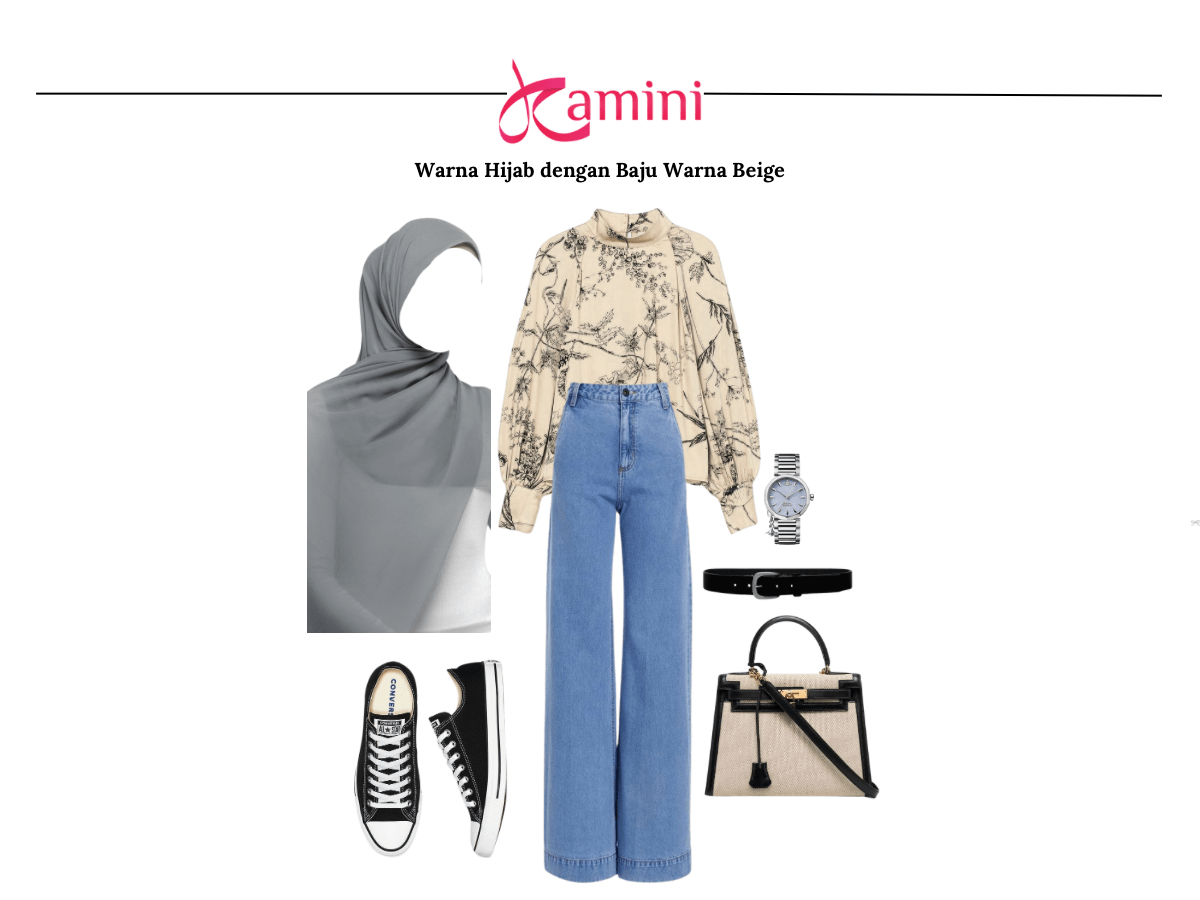 Hijab Abu-Abu dan Baju Beige