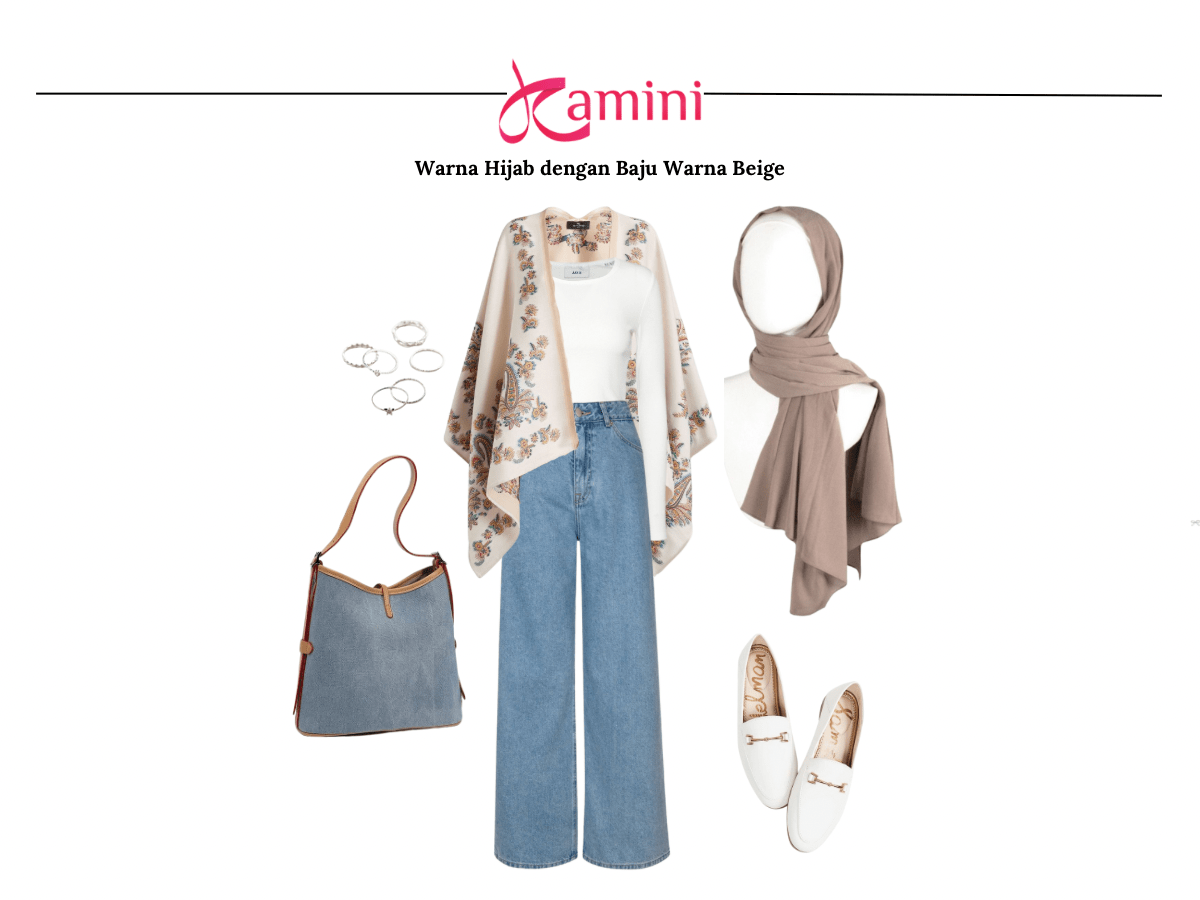 Hijab Cokelat Muda dan Baju Beige