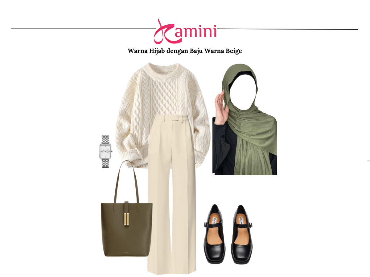 Hijab Hijau Olive dan Baju Beige