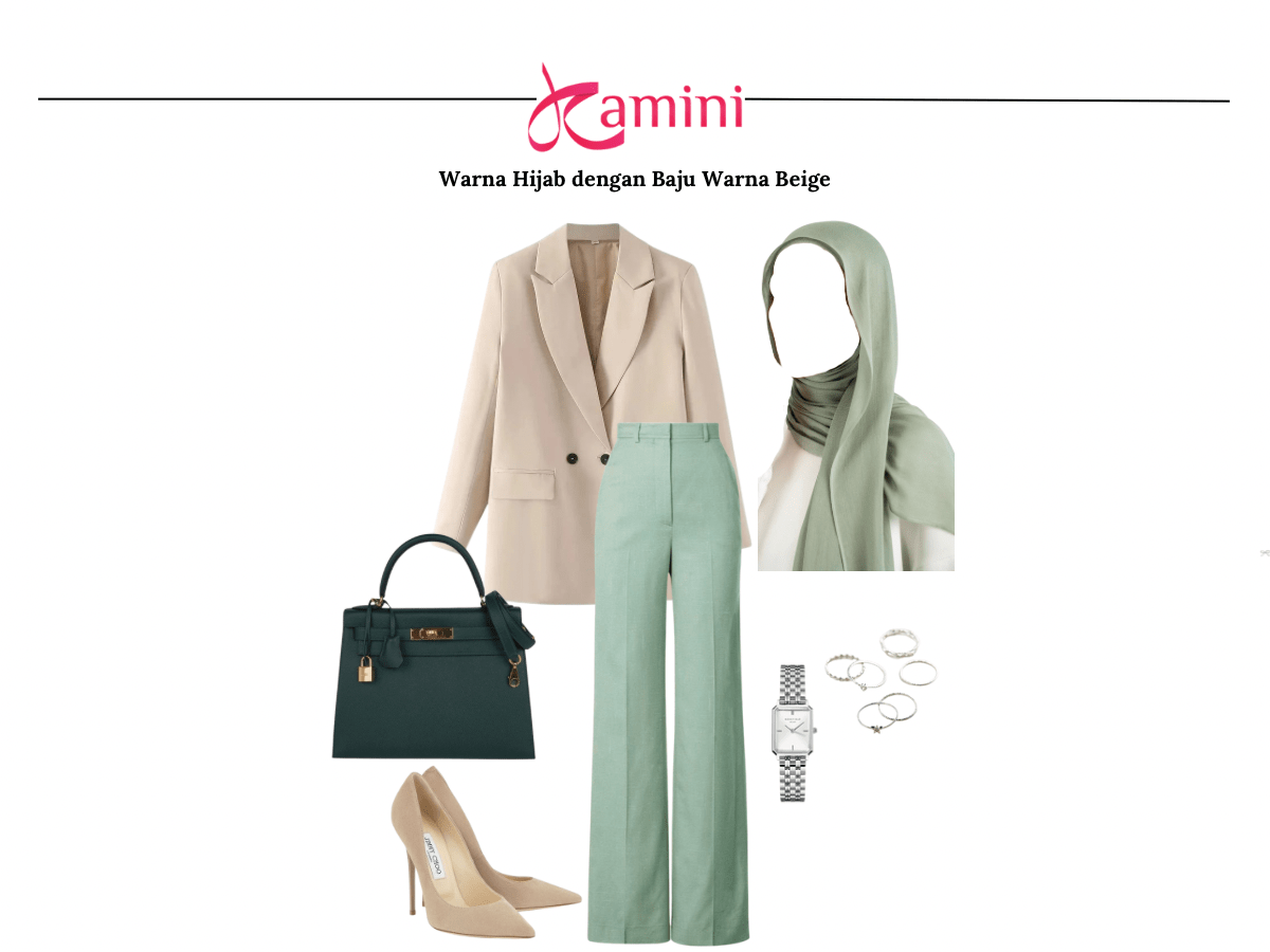 Hijab Hijau Sage dan Baju Beige