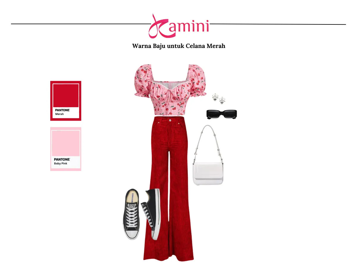Celana Merah dan Baju Warna Baby Pink_