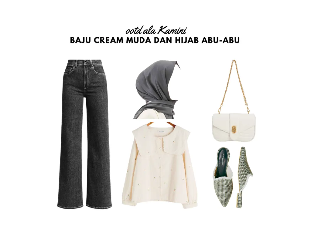 Baju Cream Muda dan Jilbab Abu-Abu_