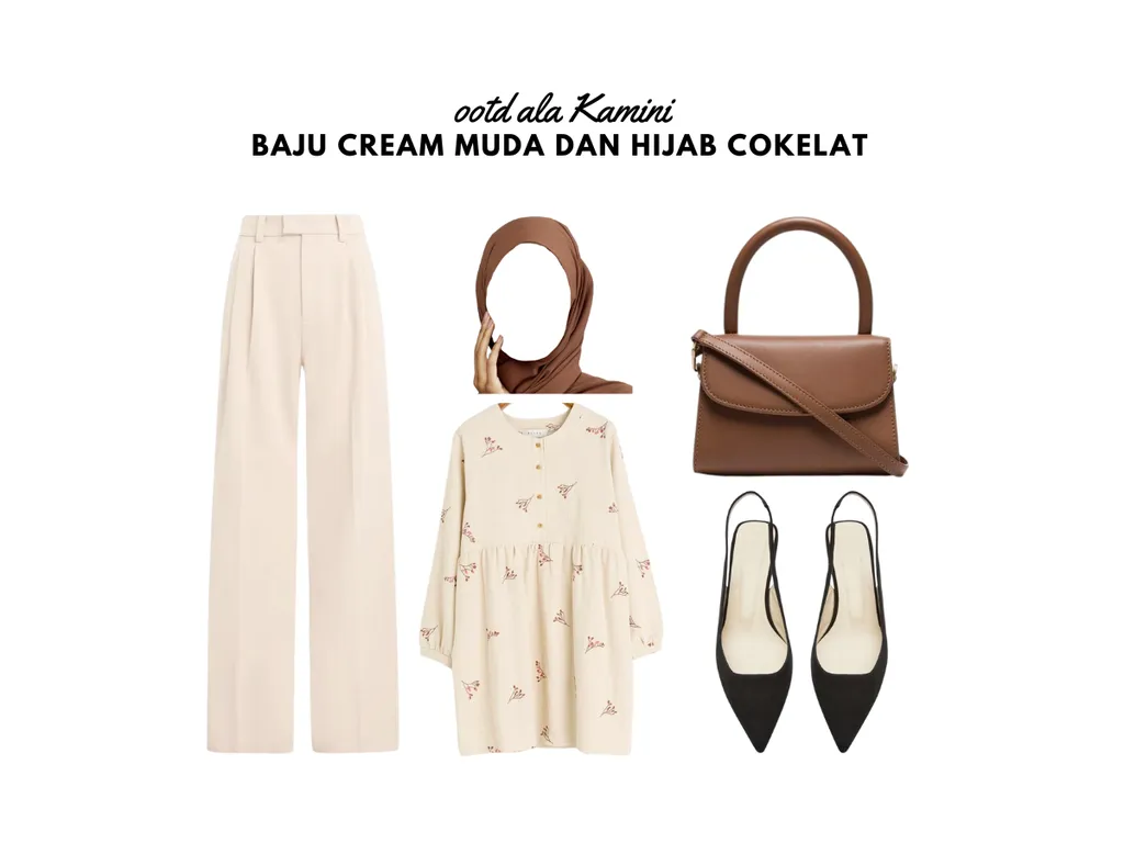 Baju Cream Muda dan Jilbab Coklat_
