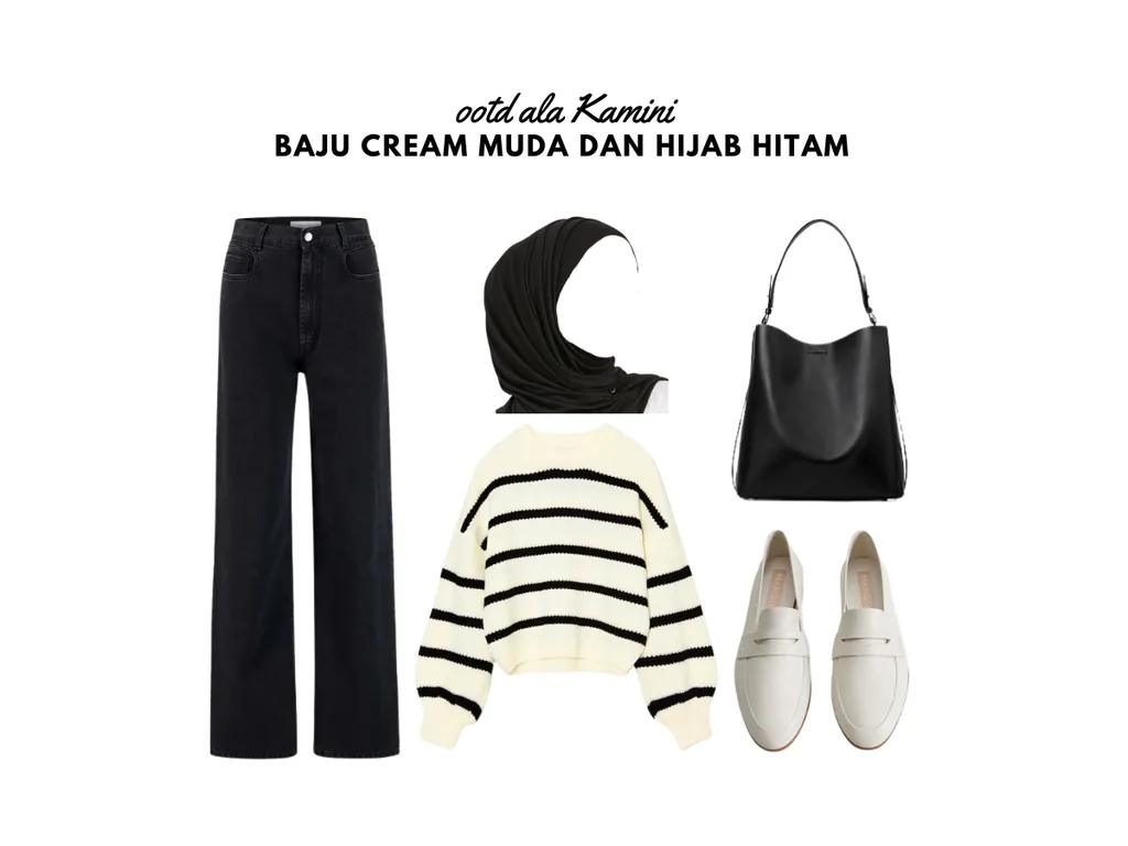 Baju Cream Muda dan Jilbab Hitam_