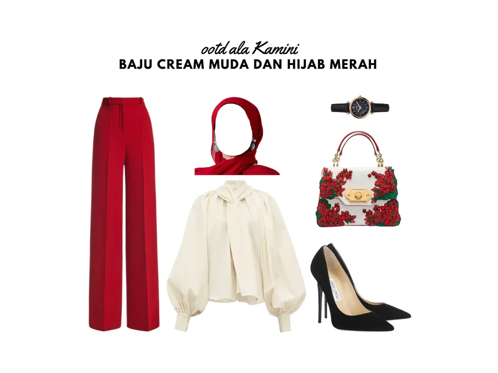 Baju Cream Muda dan Jilbab Merah_