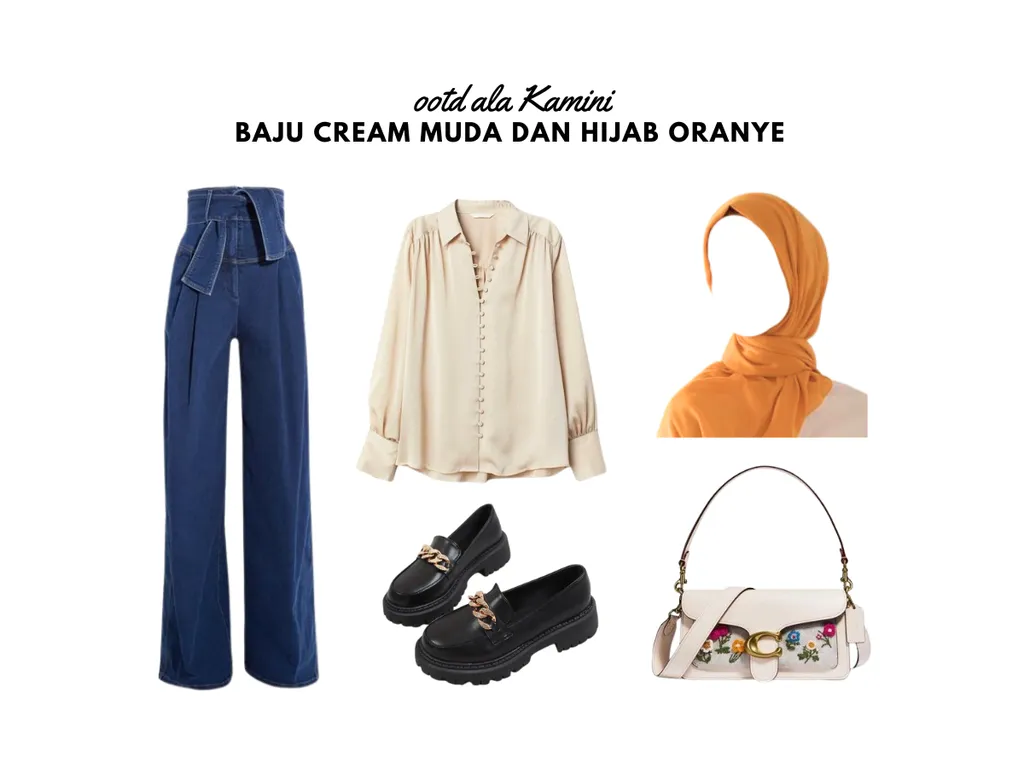 Baju Cream Muda dan Jilbab Oranye_