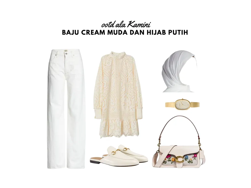 Baju Cream Muda dan Jilbab Putih_