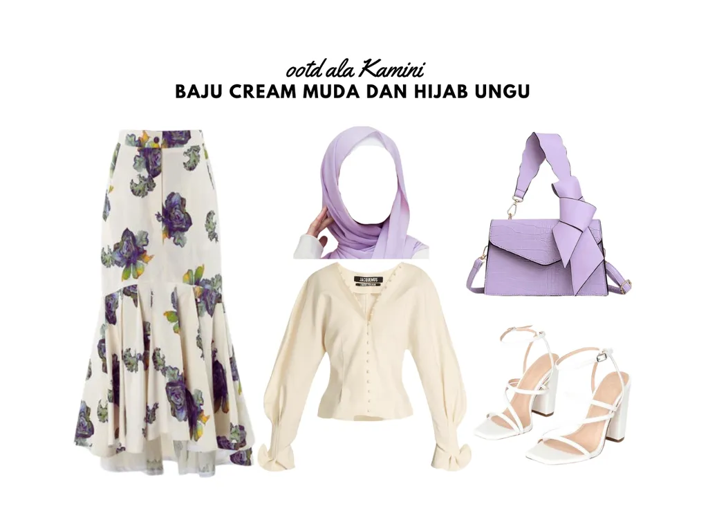 Baju Cream Muda dan Jilbab Ungu_