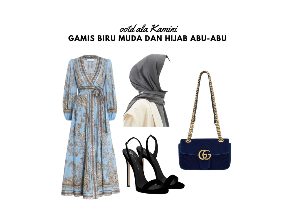 Gamis Biru Muda dan Hijab Abu-Abu_