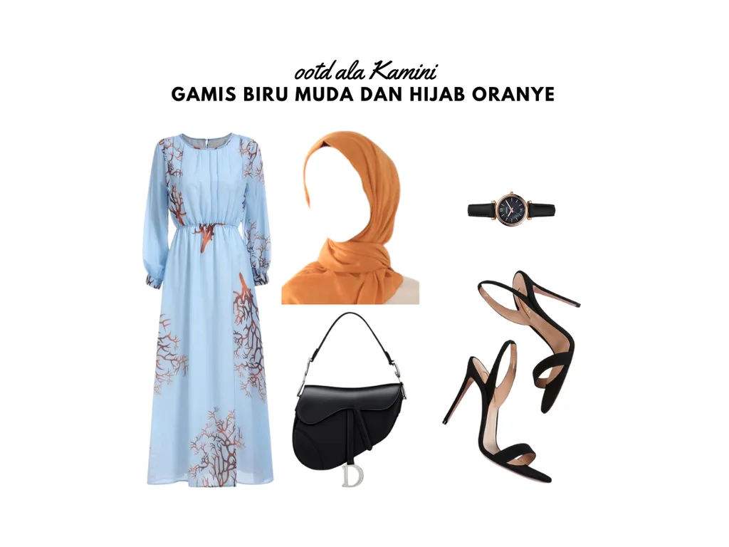 Gamis Biru Muda dan Hijab Oranye_