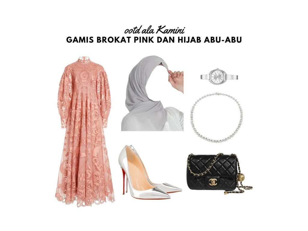 Gamis Brokat Pink dan Hijab Abu-Abu_