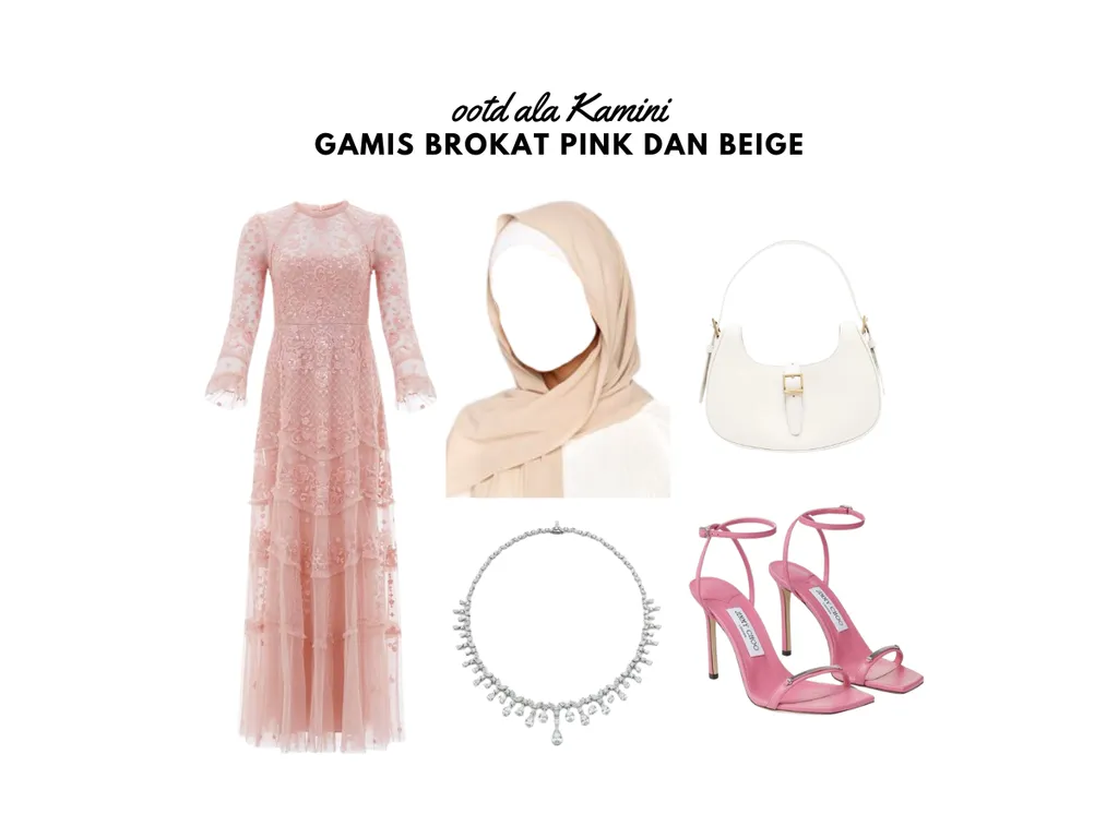 Gamis Brokat Pink dan Hijab Beige_