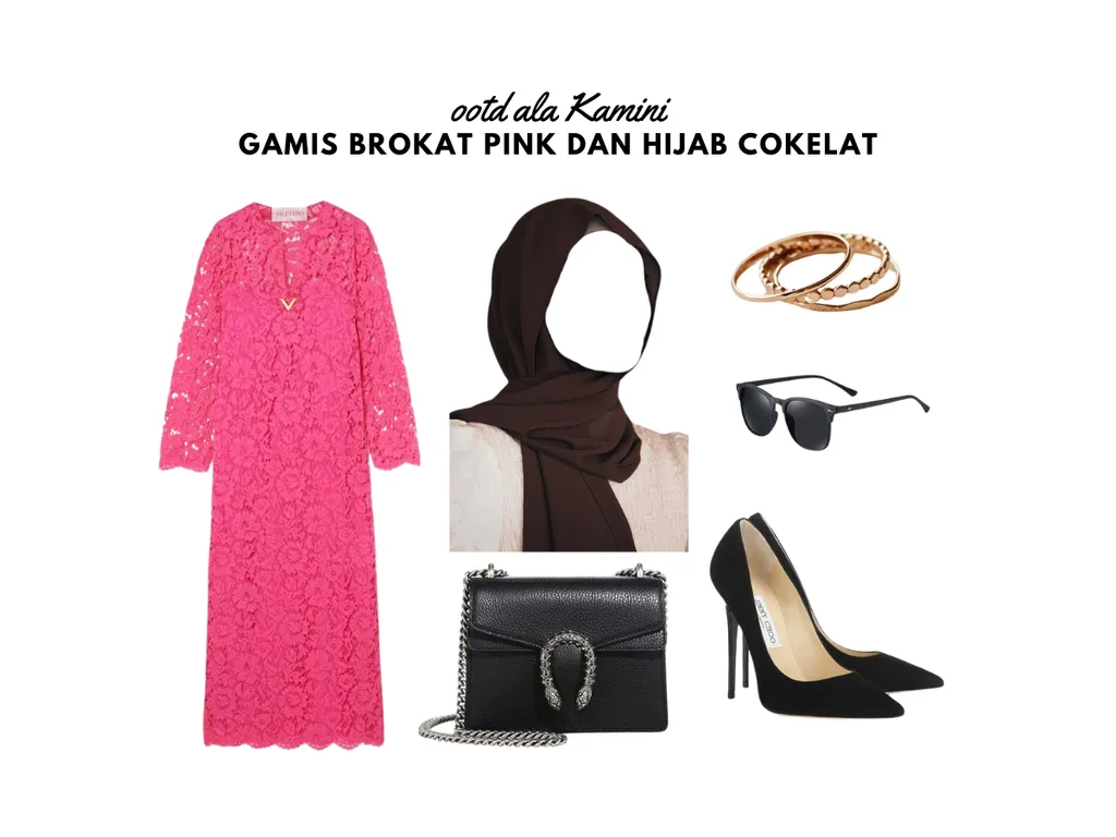 Gamis Brokat Pink dan Hijab Cokelat_