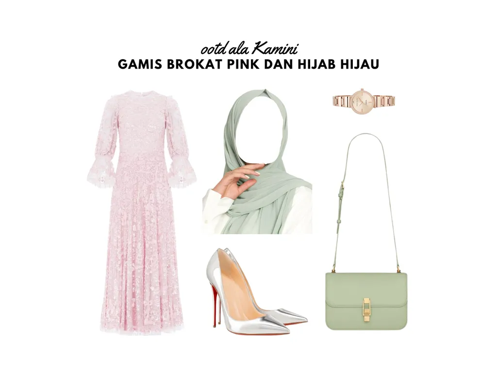 Gamis Brokat Pink dan Hijab Hijau_