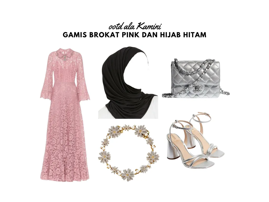 Gamis Brokat Pink dan Hijab Hitam_