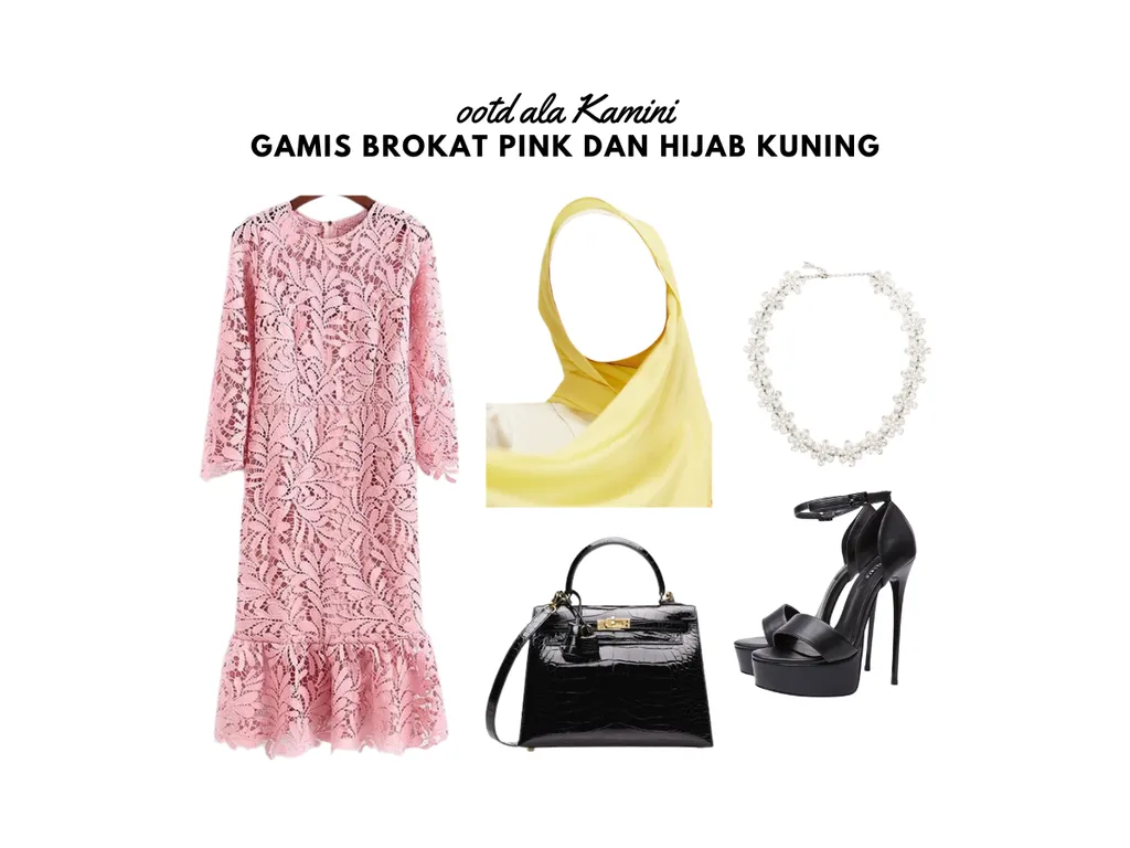 Gamis Brokat Pink dan Hijab Kuning_