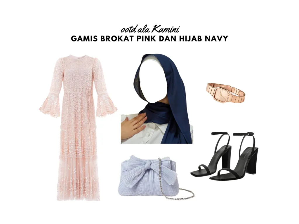 Gamis Brokat Pink dan Hijab Navy_