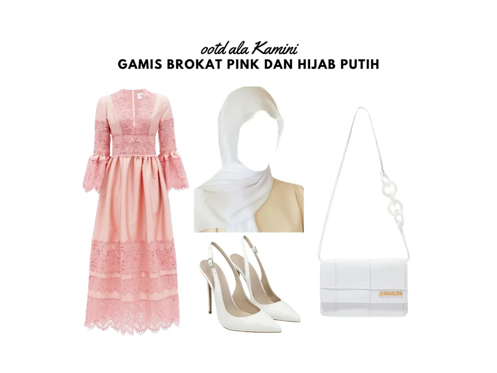 Gamis Brokat Pink dan Hijab Putih_