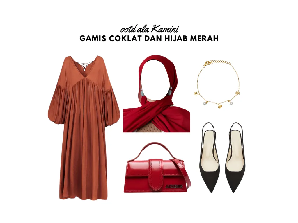 Gamis Coklat dan Hijab Merah_