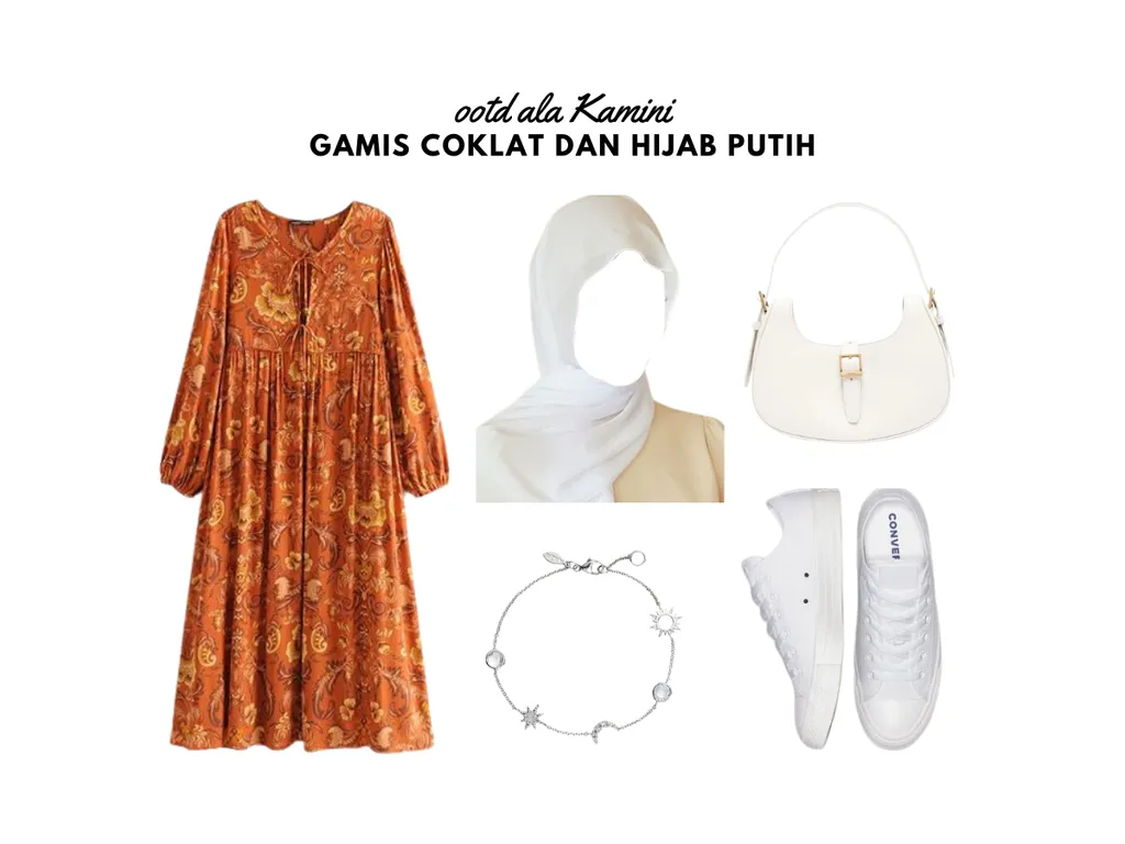 Gamis Coklat dan Hijab Putih_