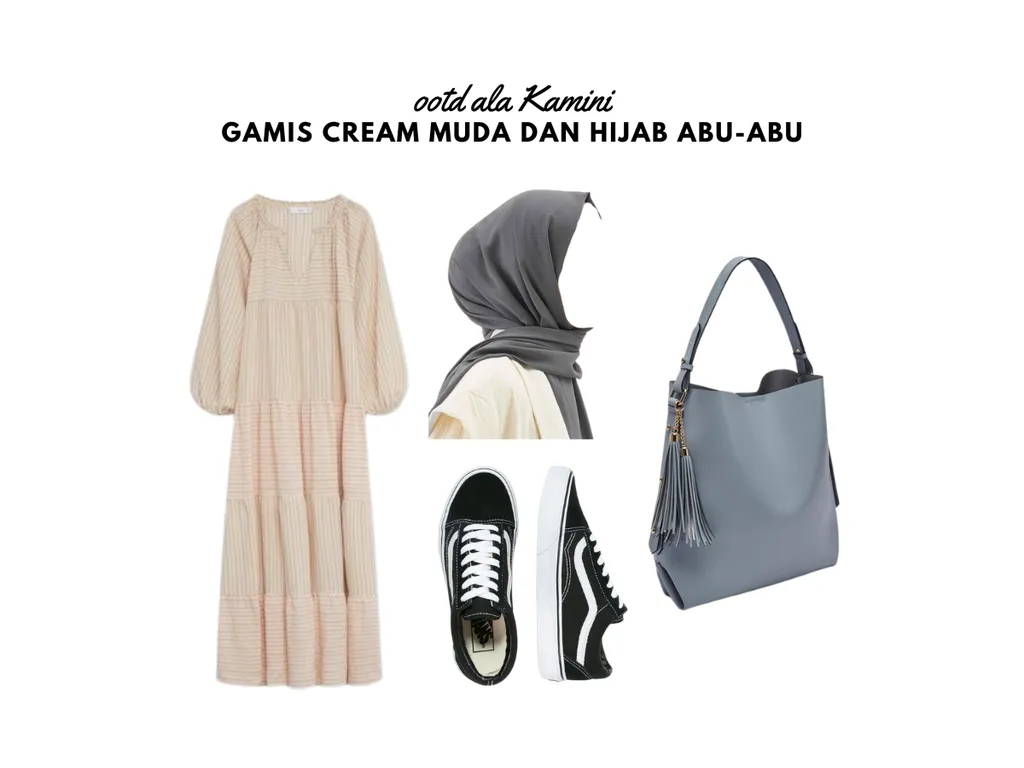 Gamis Cream Muda dan Hijab Abu-Abu_