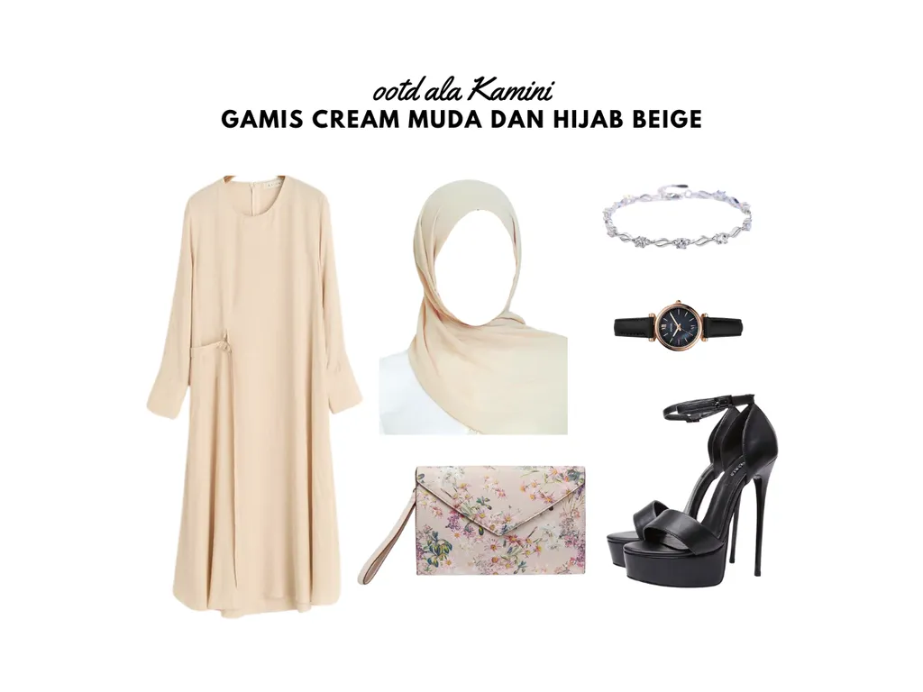 Gamis Cream Muda dan Hijab Beige_