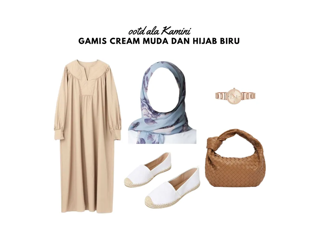 Gamis Cream Muda dan Hijab Biru_