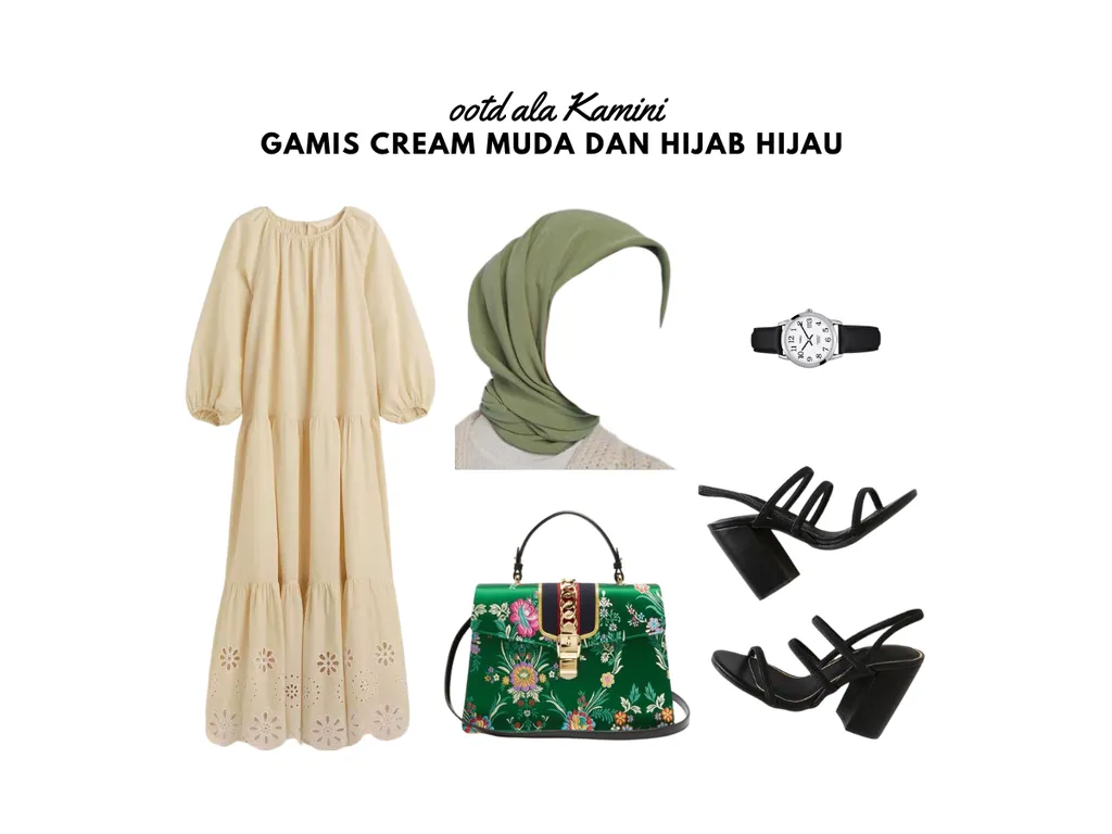 Gamis Cream Muda dan Hijab Hijau_