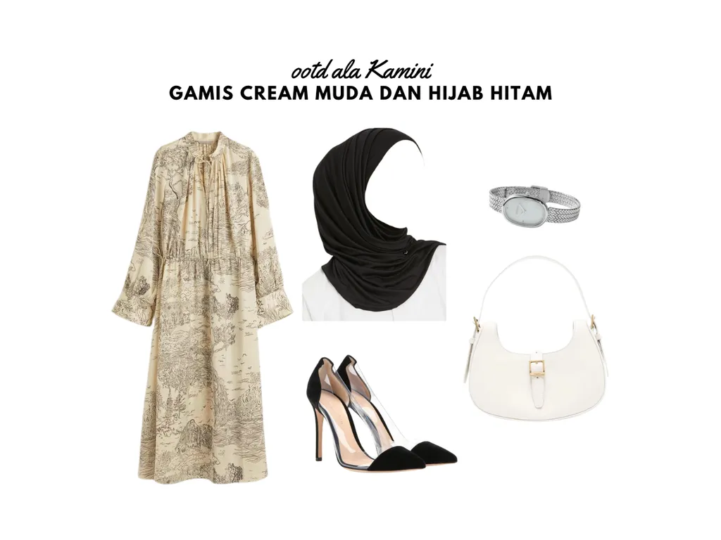 Gamis Cream Muda dan Hijab Hitam_