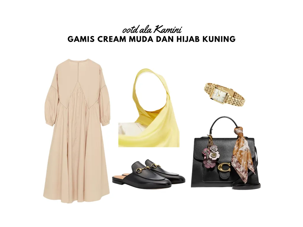 Gamis Cream Muda dan Hijab Kuning_